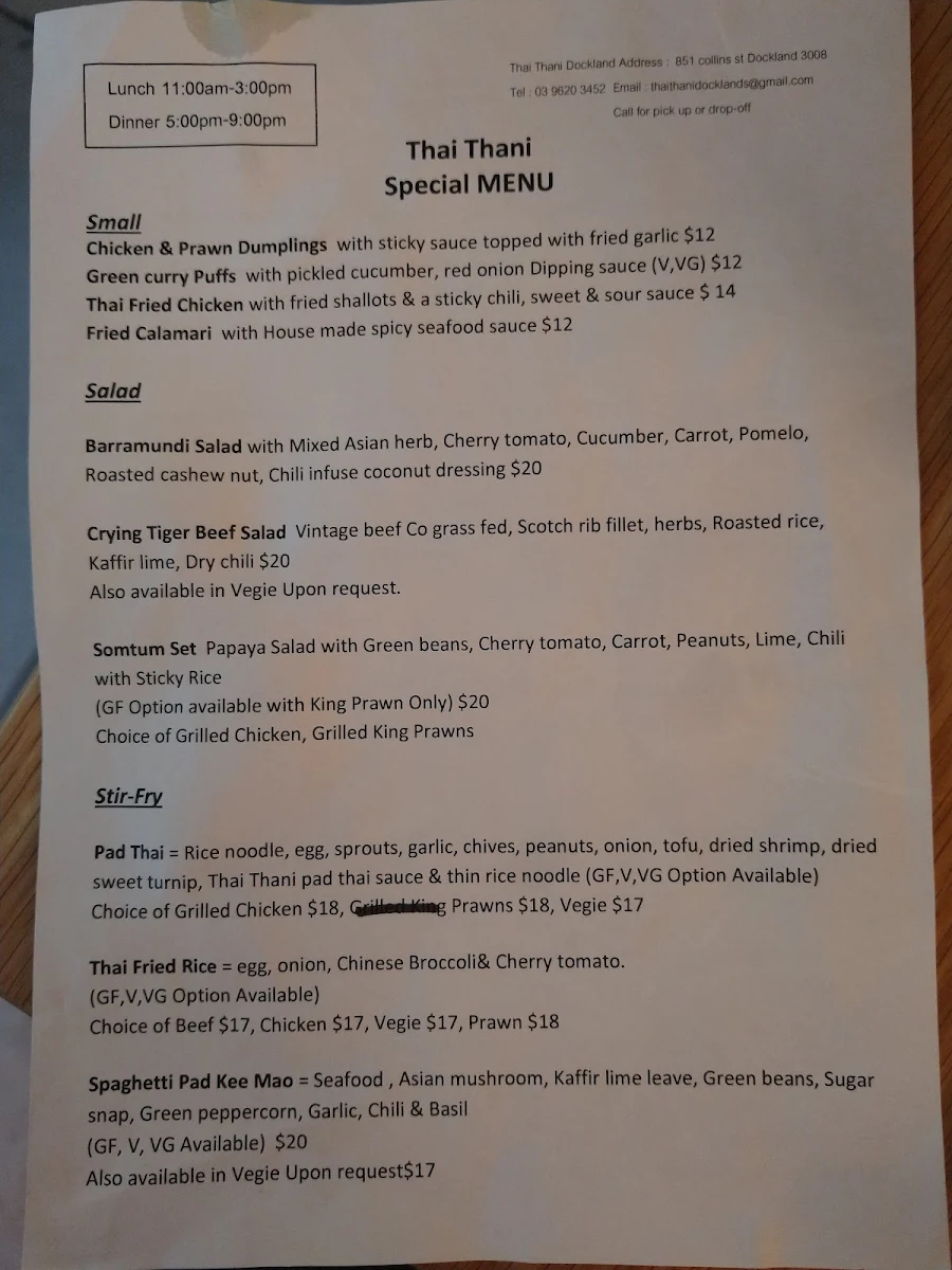 Menu, Thai Thani Docklands