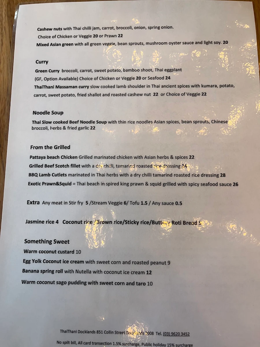 Menu, Thai Thani Docklands