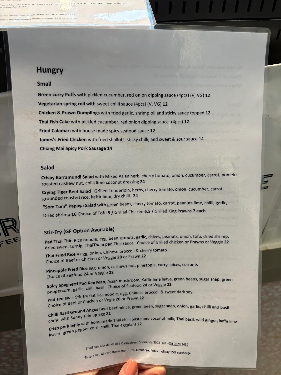 Menu, Thai Thani Docklands