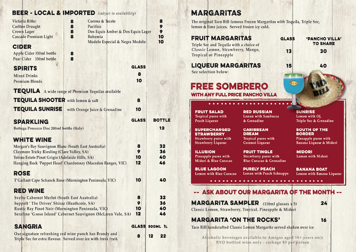 Menu, Taco Bill - Beaconsfield