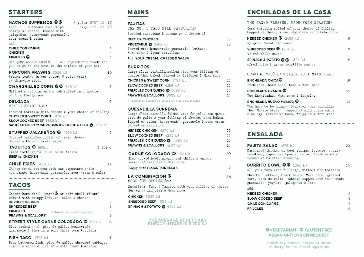 Menu, Taco Bill - Beaconsfield