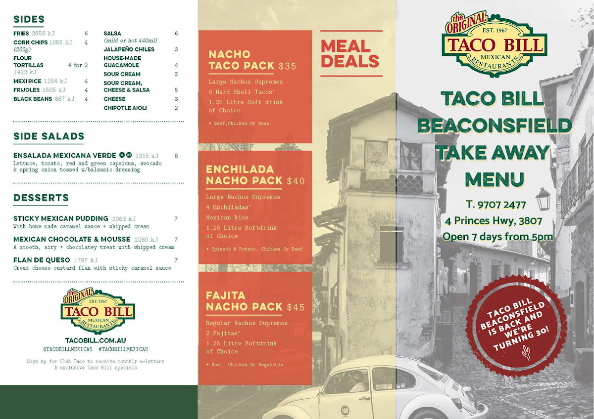 Menu, Taco Bill - Beaconsfield