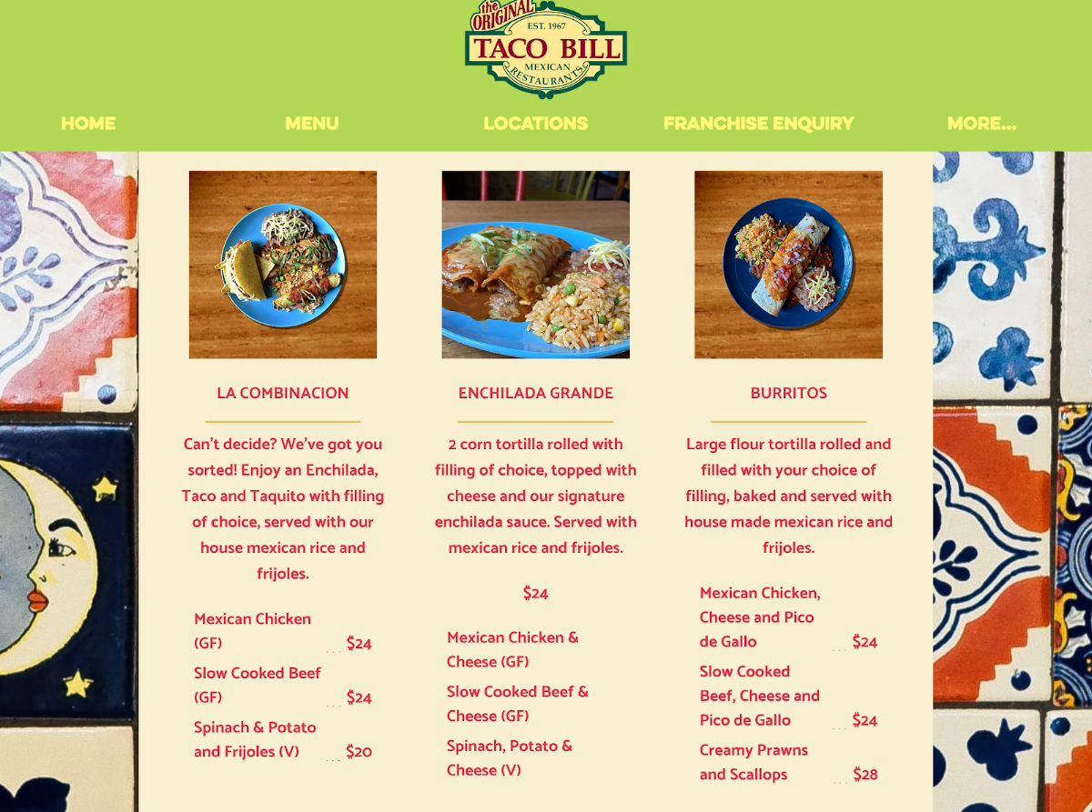 Menu, Taco Bill - Beaconsfield