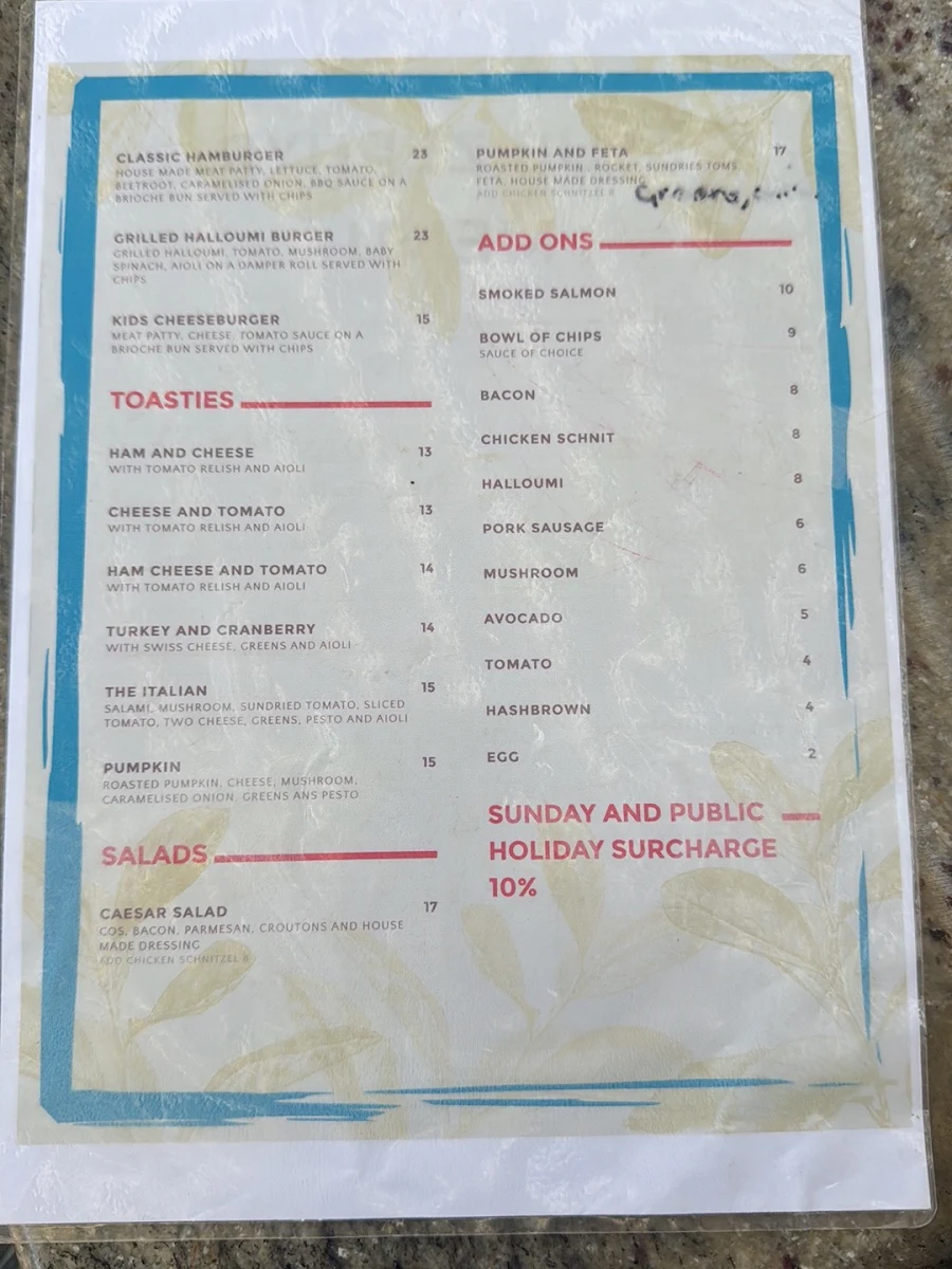 Menu, Blue Zephyr Cafe