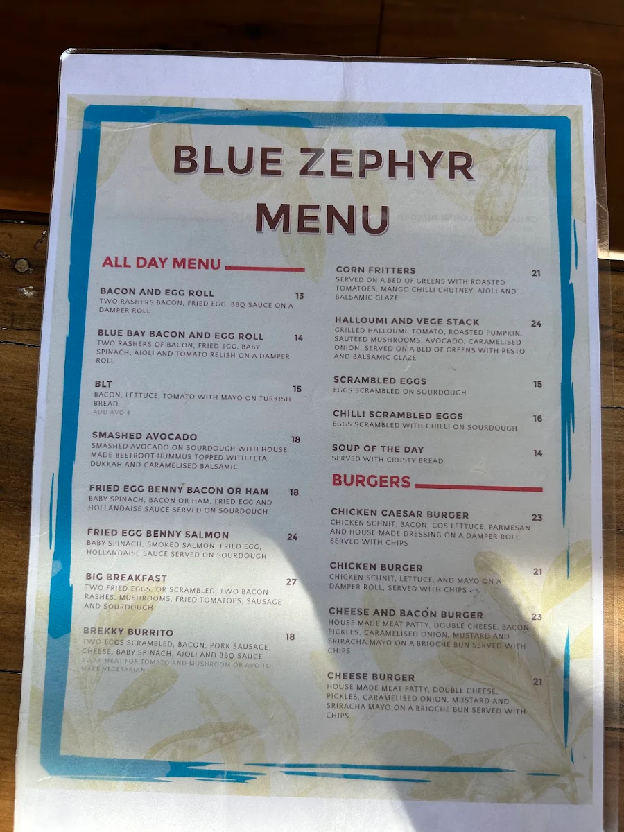 Menu, Blue Zephyr Cafe