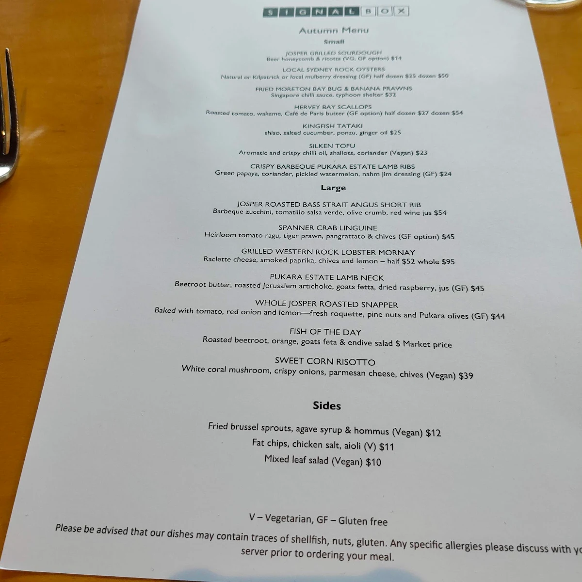 Menu, Signal Box Newcastle