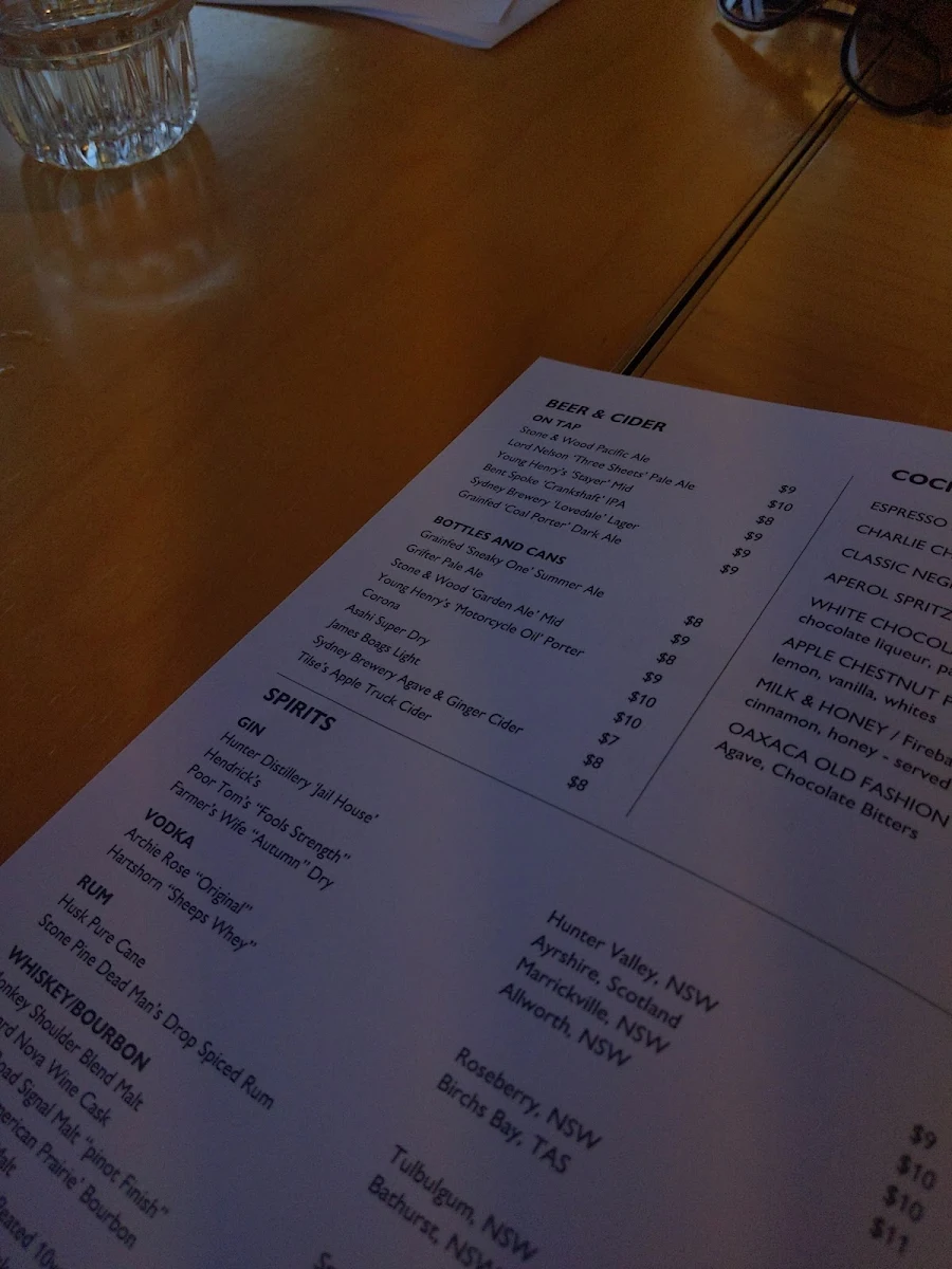 Menu, Signal Box Newcastle