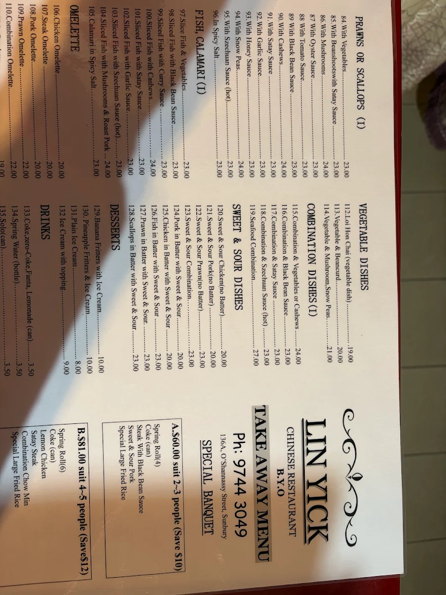 Menu, Lin Yick Restaurant