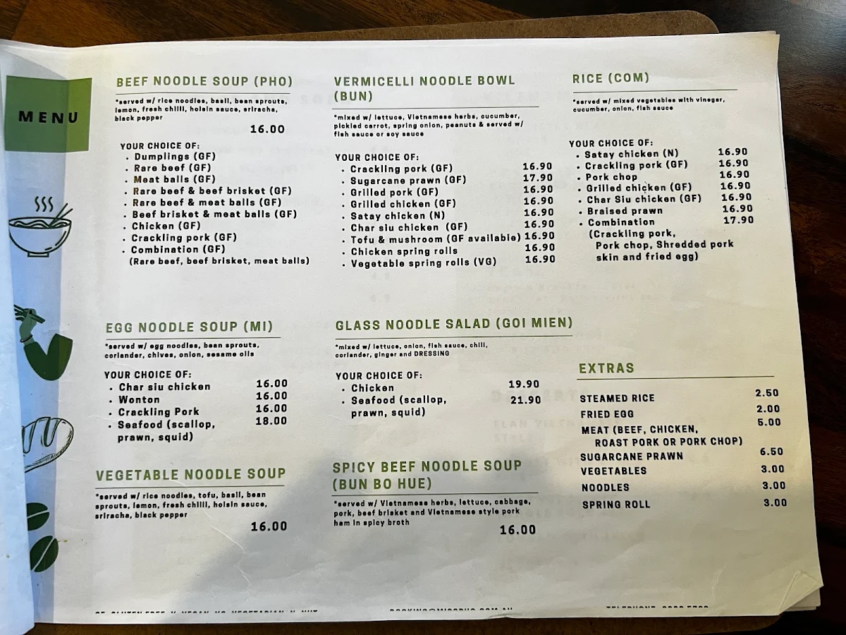 Menu, Miss Pho Vietnamese Eatery