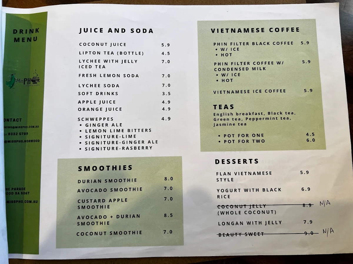 Menu, Miss Pho Vietnamese Eatery