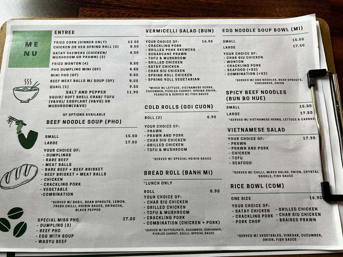Menu, Miss Pho Vietnamese Eatery