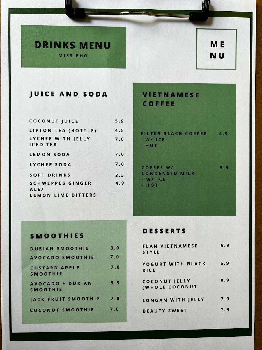 Menu, Miss Pho Vietnamese Eatery