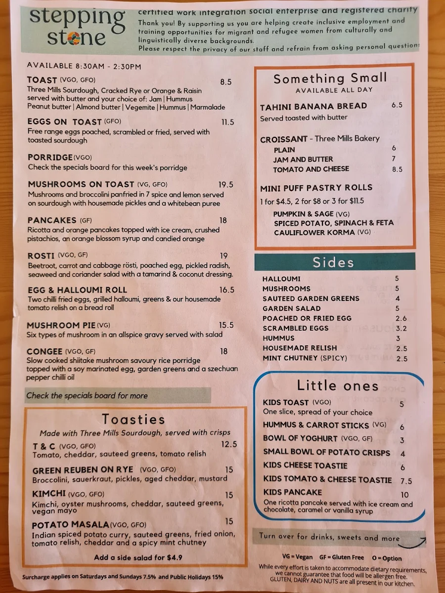 Menu, Cafe Stepping Stone Strathnairn