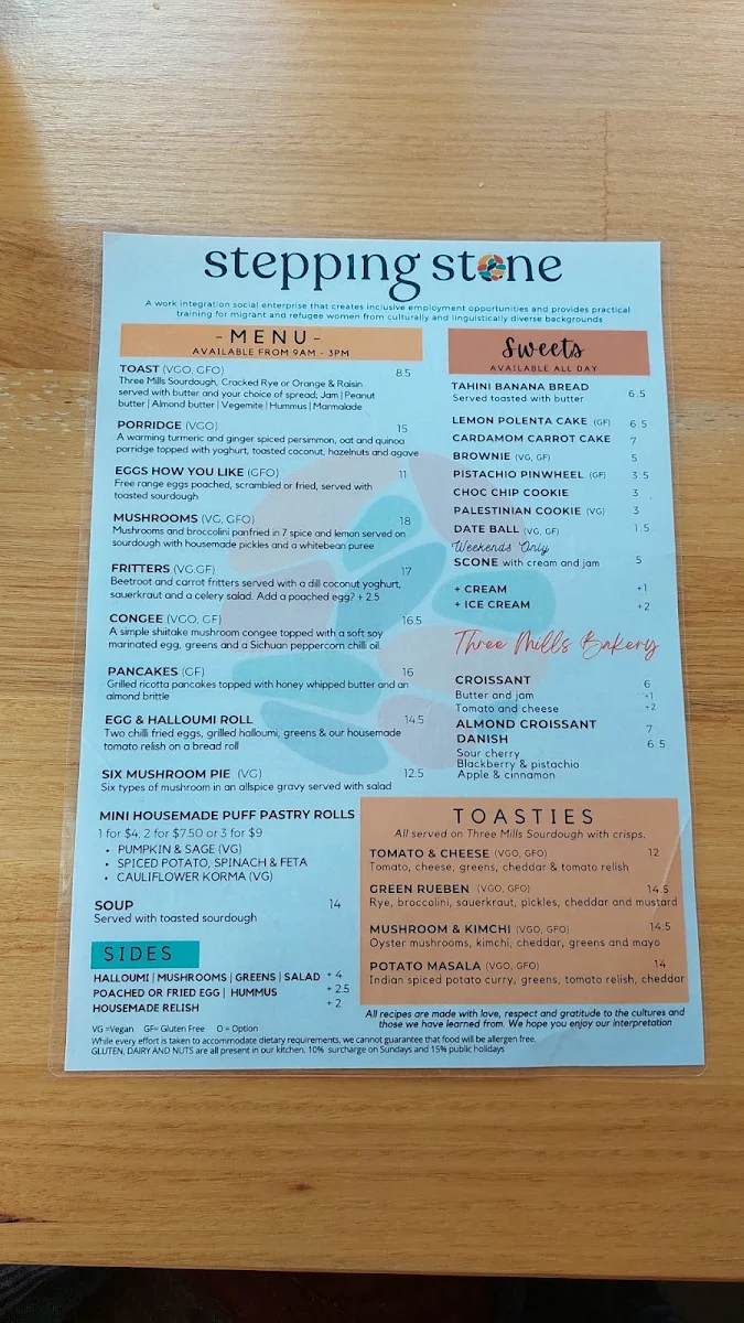 Menu, Cafe Stepping Stone Strathnairn