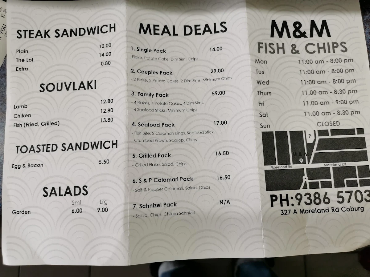 Menu, M & M Fish 'n' Chips