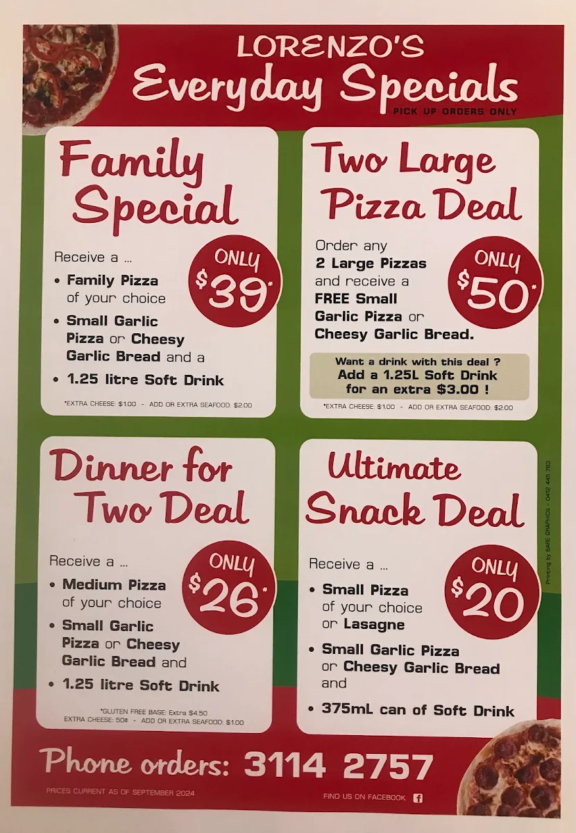 Menu, Lorenzo's Pizza bar