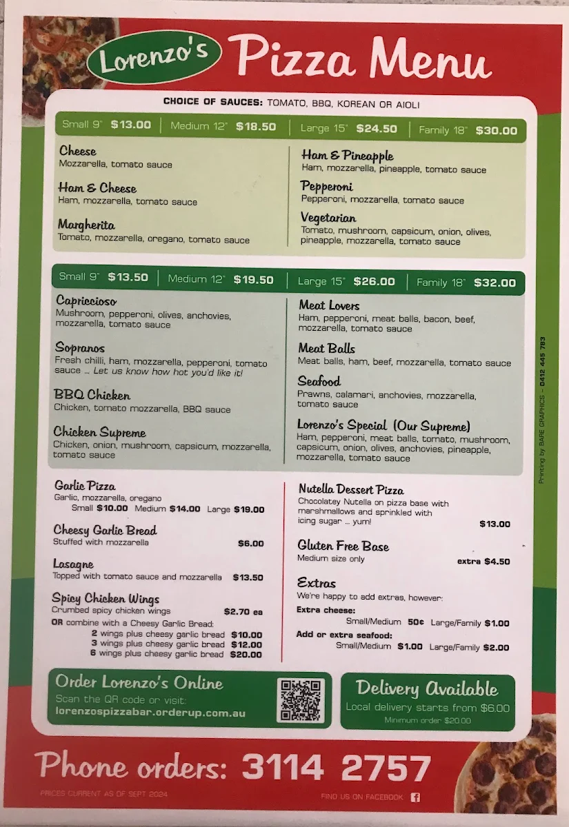 Menu, Lorenzo's Pizza bar