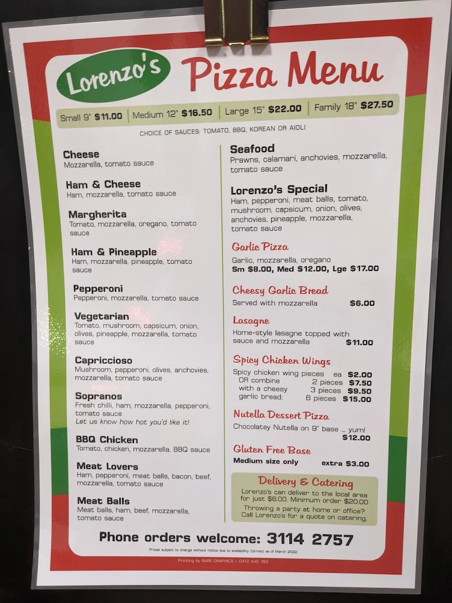 Menu, Lorenzo's Pizza bar