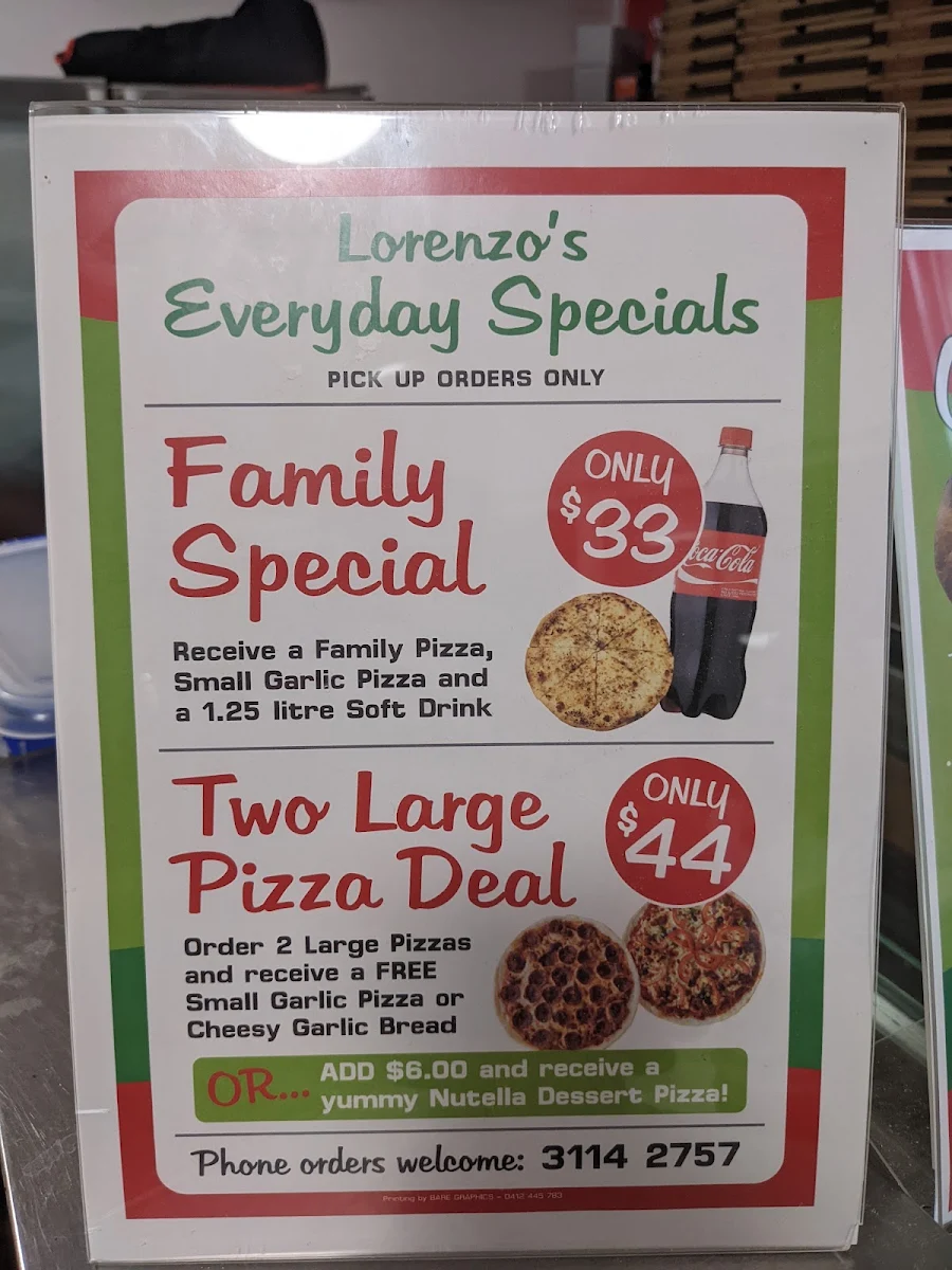 Menu, Lorenzo's Pizza bar