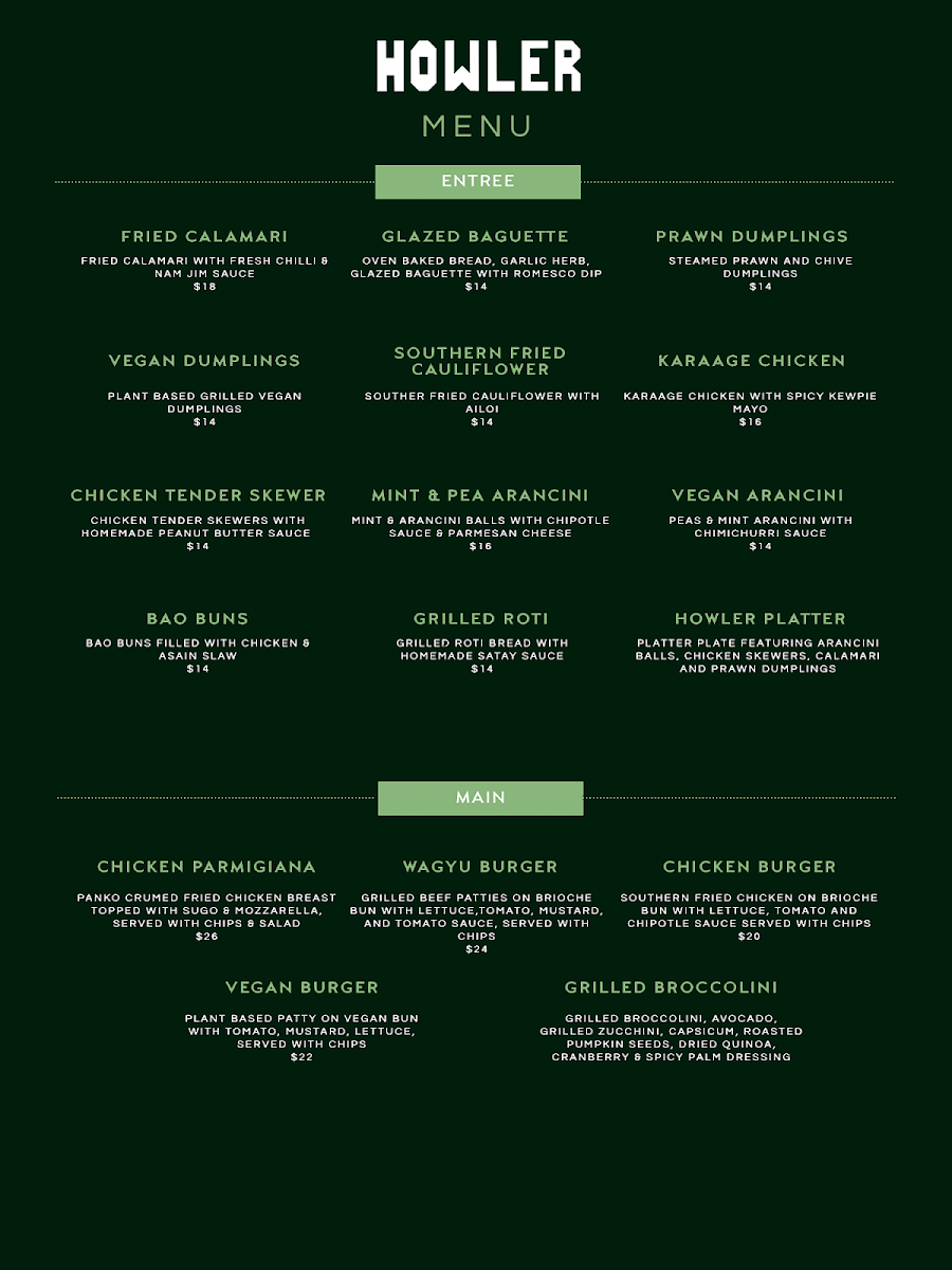 Menu, Howler
