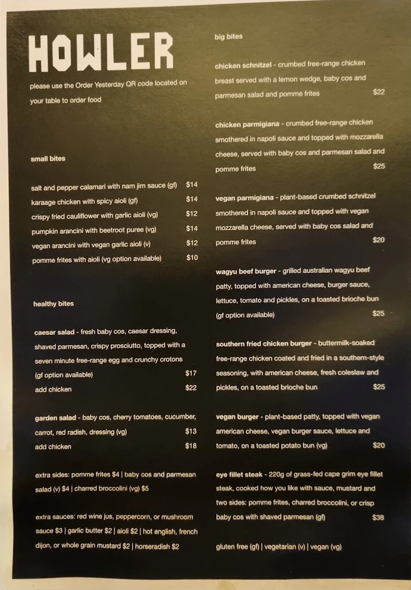 Menu, Howler