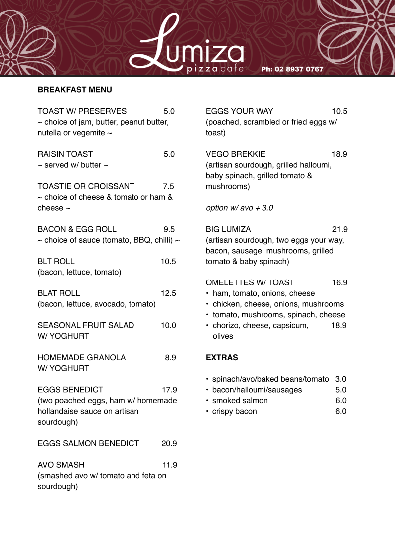 Menu, Lumiza Cafe
