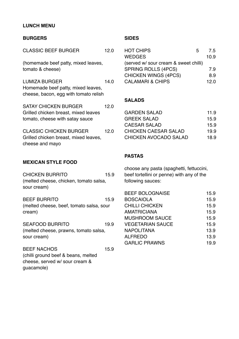 Menu, Lumiza Cafe