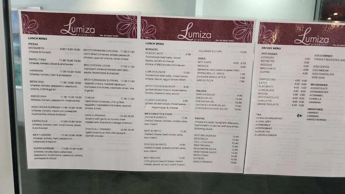 Menu, Lumiza Cafe