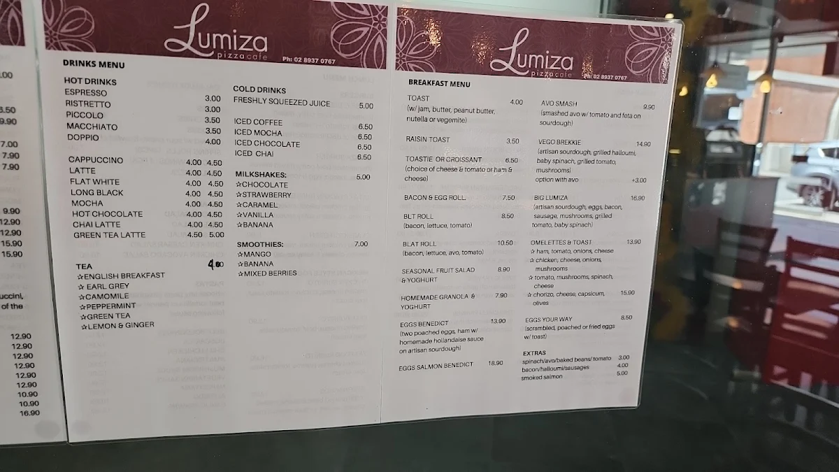 Menu, Lumiza Cafe
