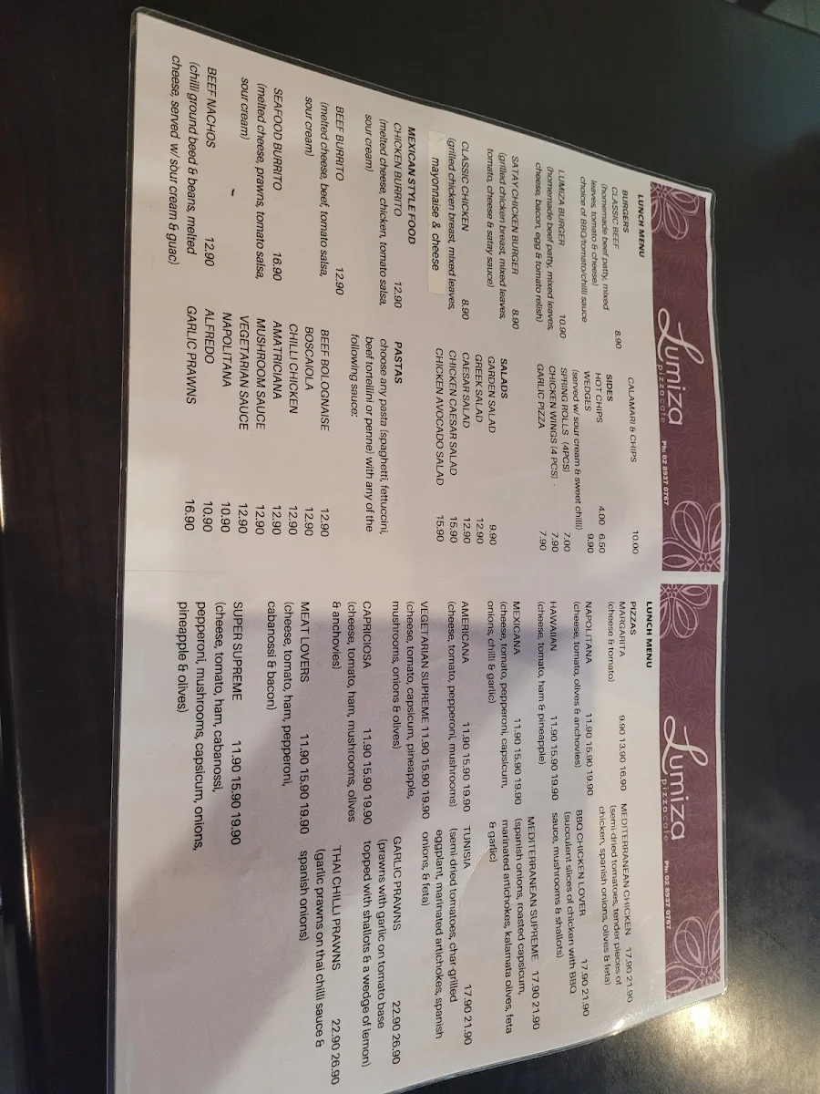 Menu, Lumiza Cafe