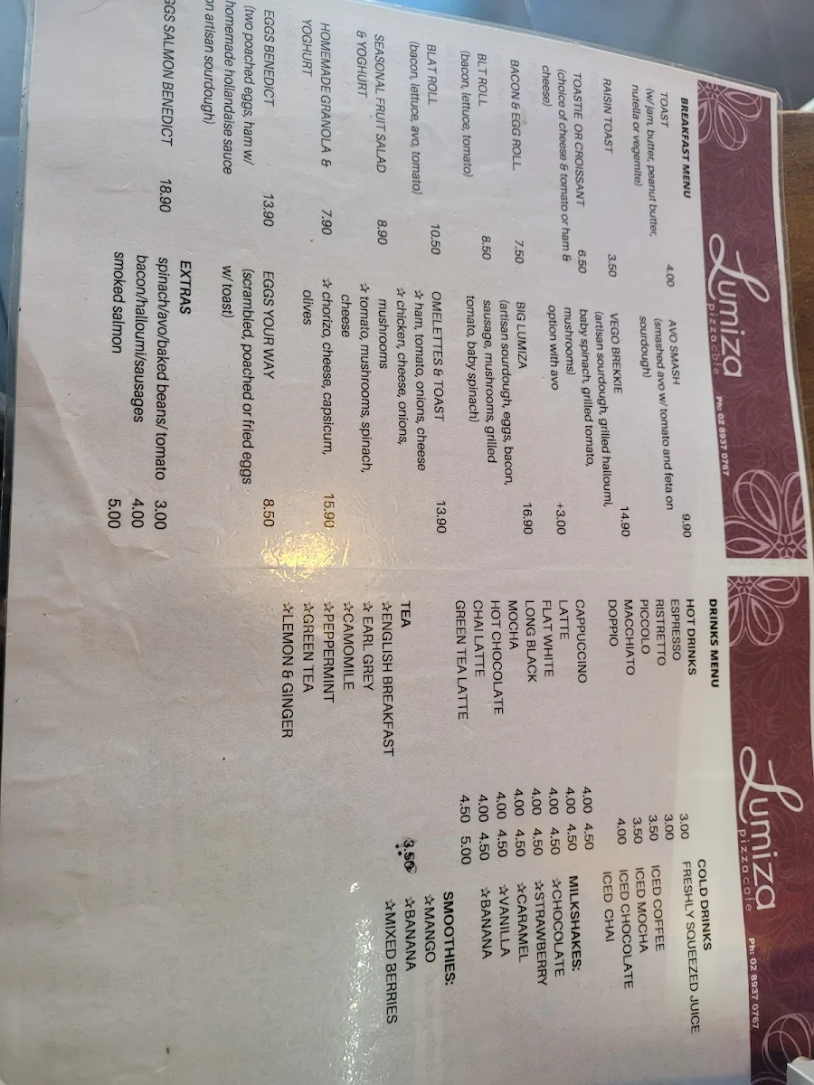 Menu, Lumiza Cafe