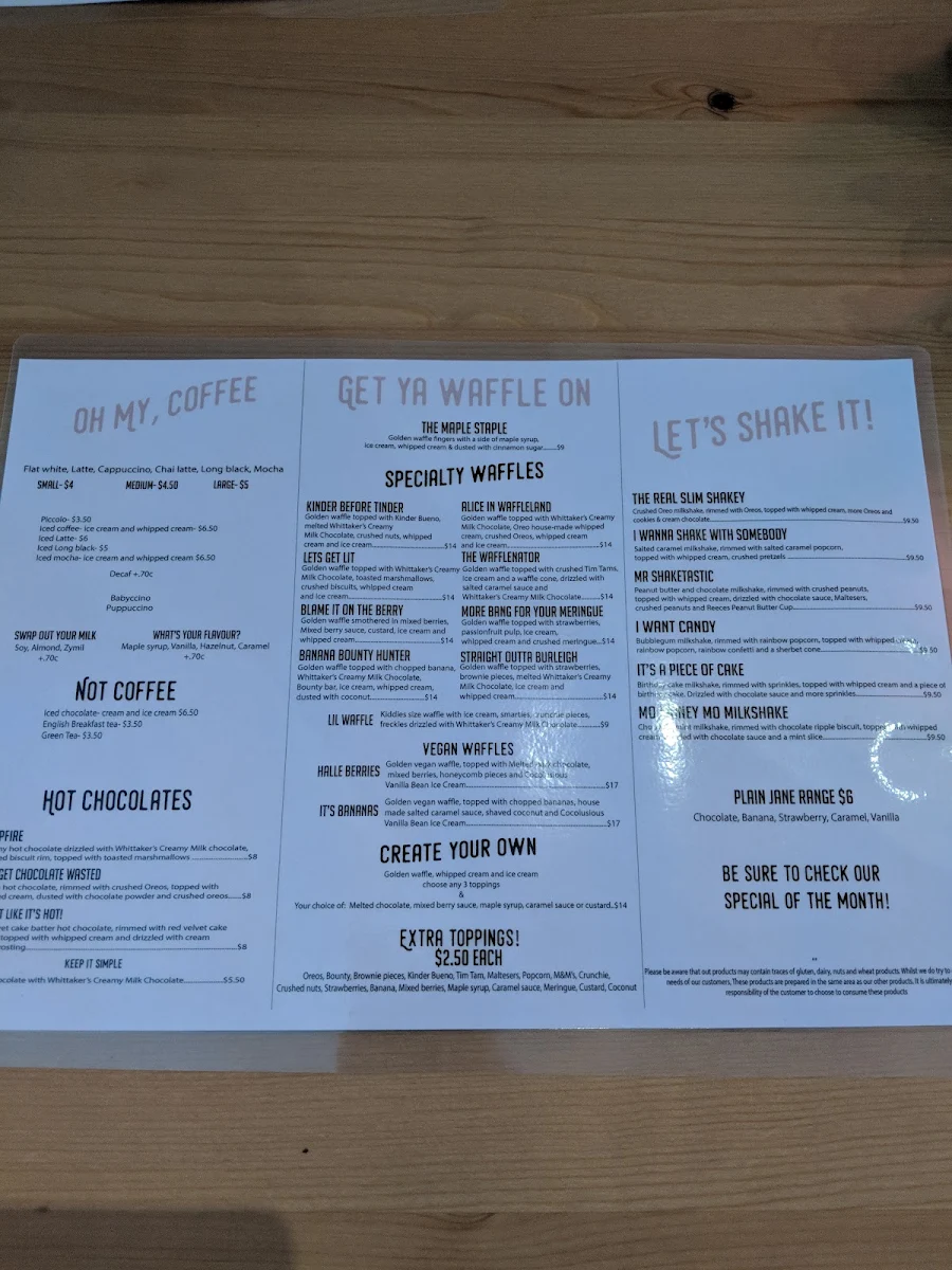 Menu, Waffle & Bean Dessert Bar Burleigh Heads