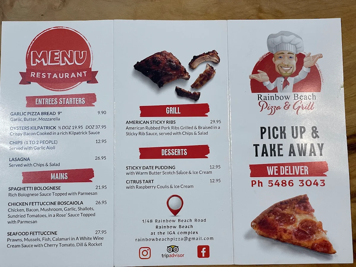 Menu, Rainbow Beach Pizza