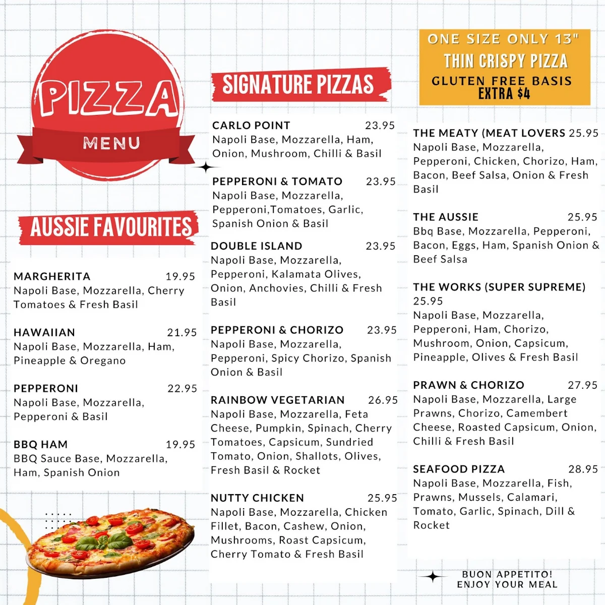 Menu, Rainbow Beach Pizza