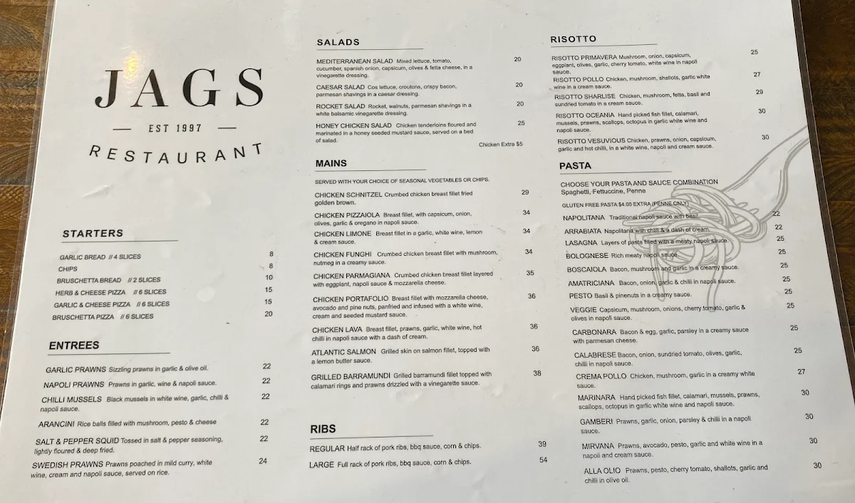Menu, Jags Restaurant Newington