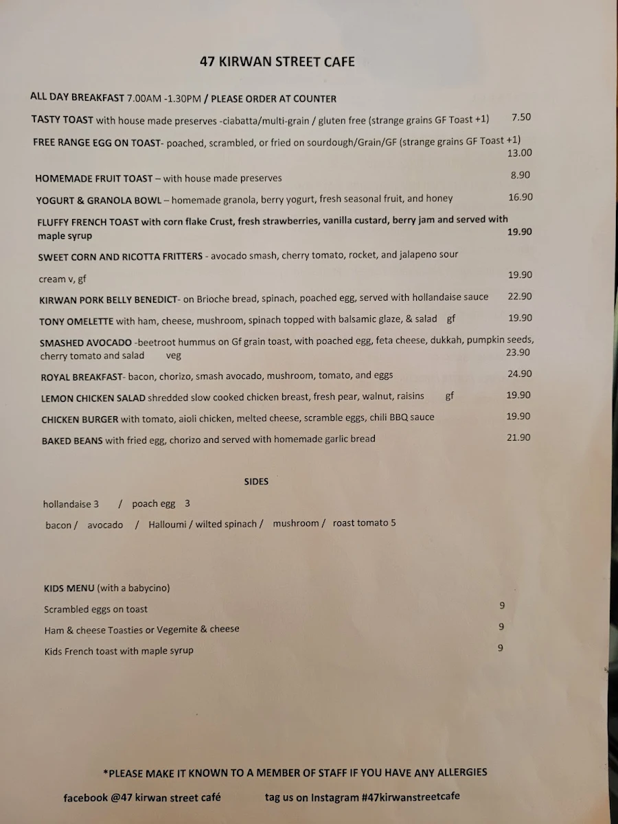 Menu, 47 kirwan cafe