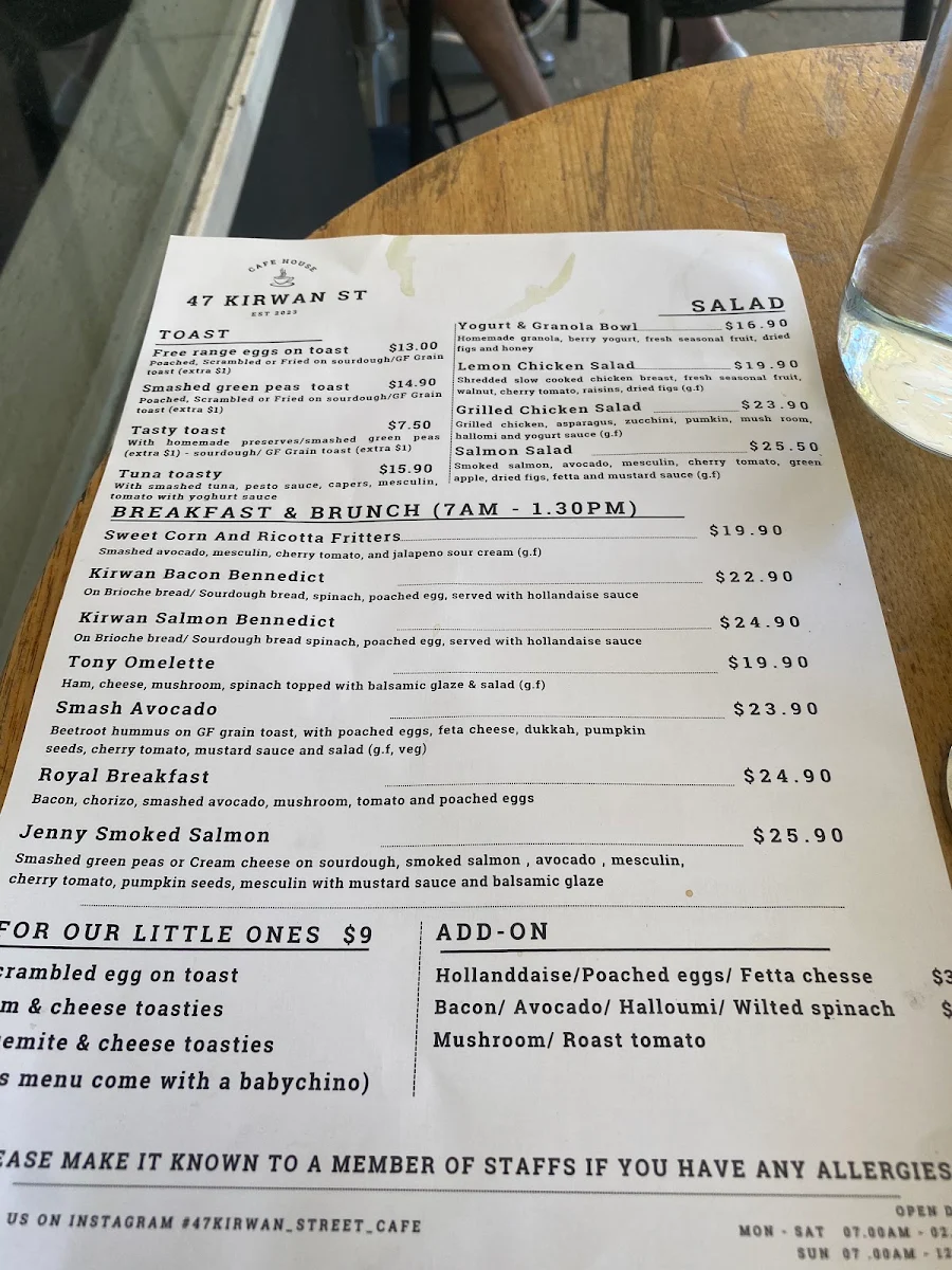 Menu, 47 kirwan cafe