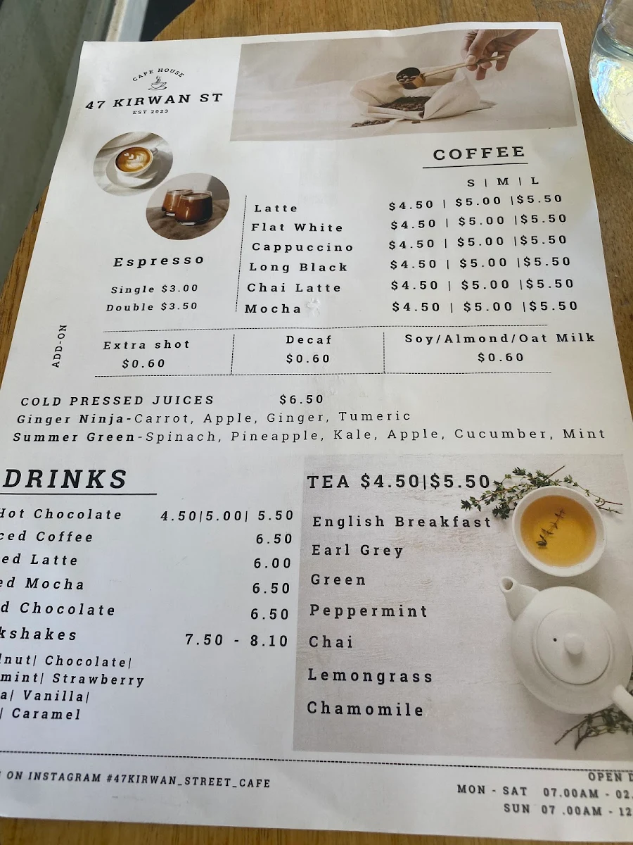 Menu, 47 kirwan cafe