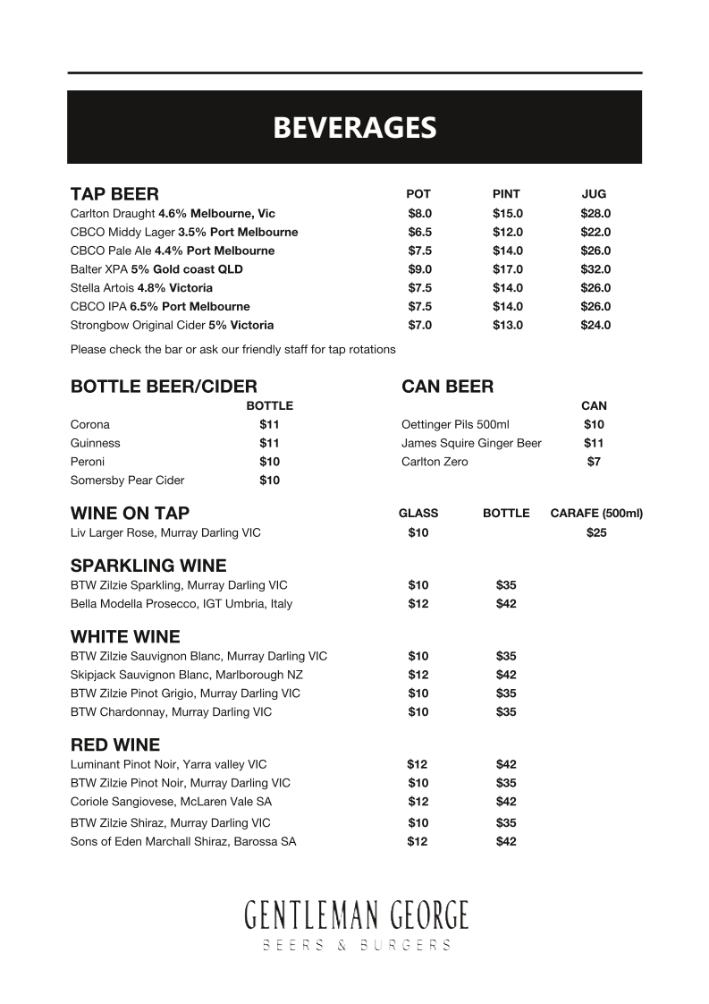 Menu, Gentleman George Beers & Burgers
