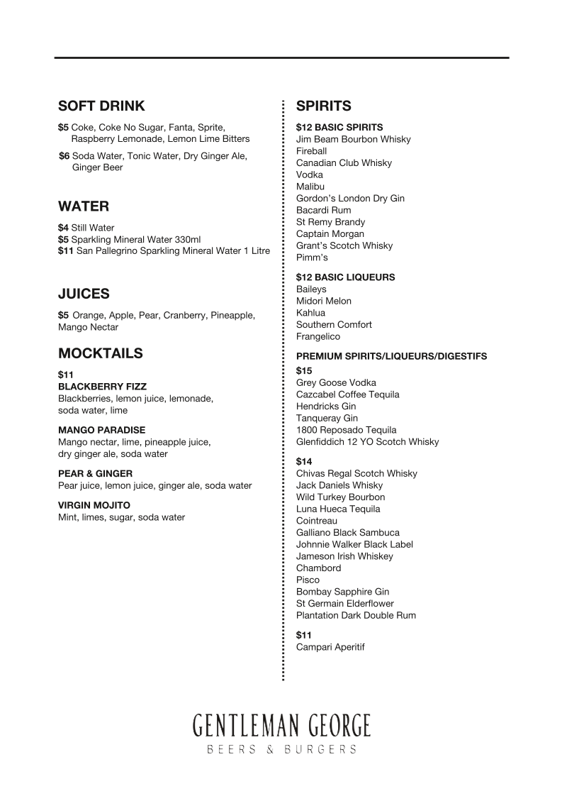Menu, Gentleman George Beers & Burgers