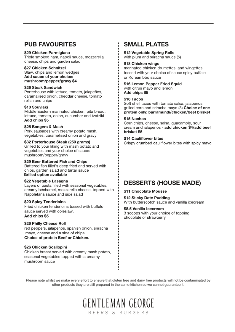 Menu, Gentleman George Beers & Burgers