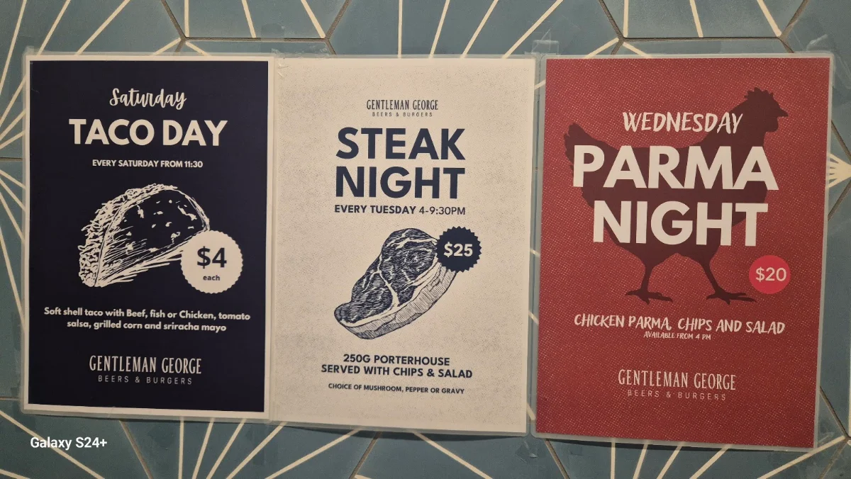 Menu, Gentleman George Beers & Burgers