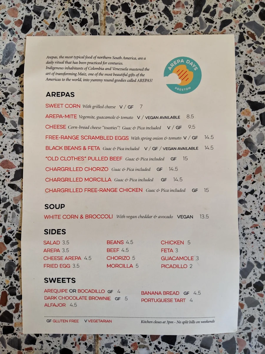 Menu, Arepa Days