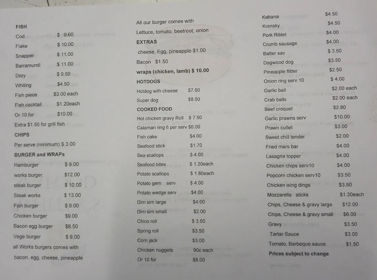 Menu, Whitey's Seafood