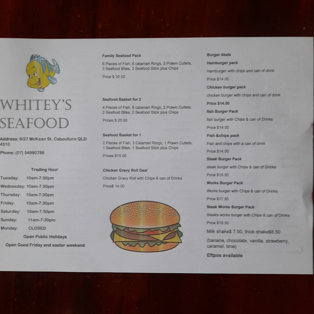 Menu, Whitey's Seafood