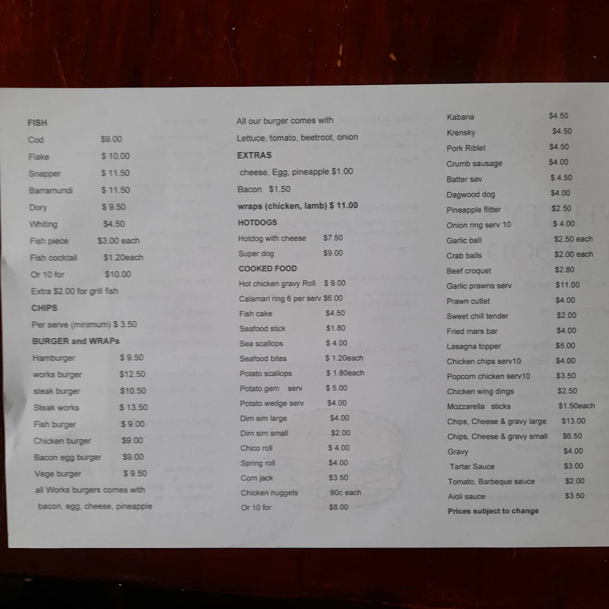 Menu, Whitey's Seafood