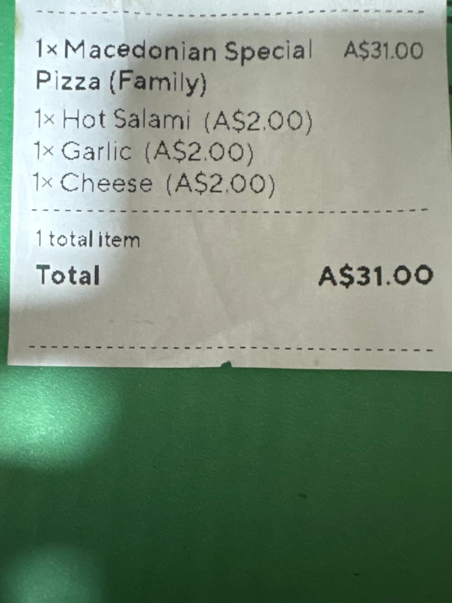 Menu, Mr Pizza