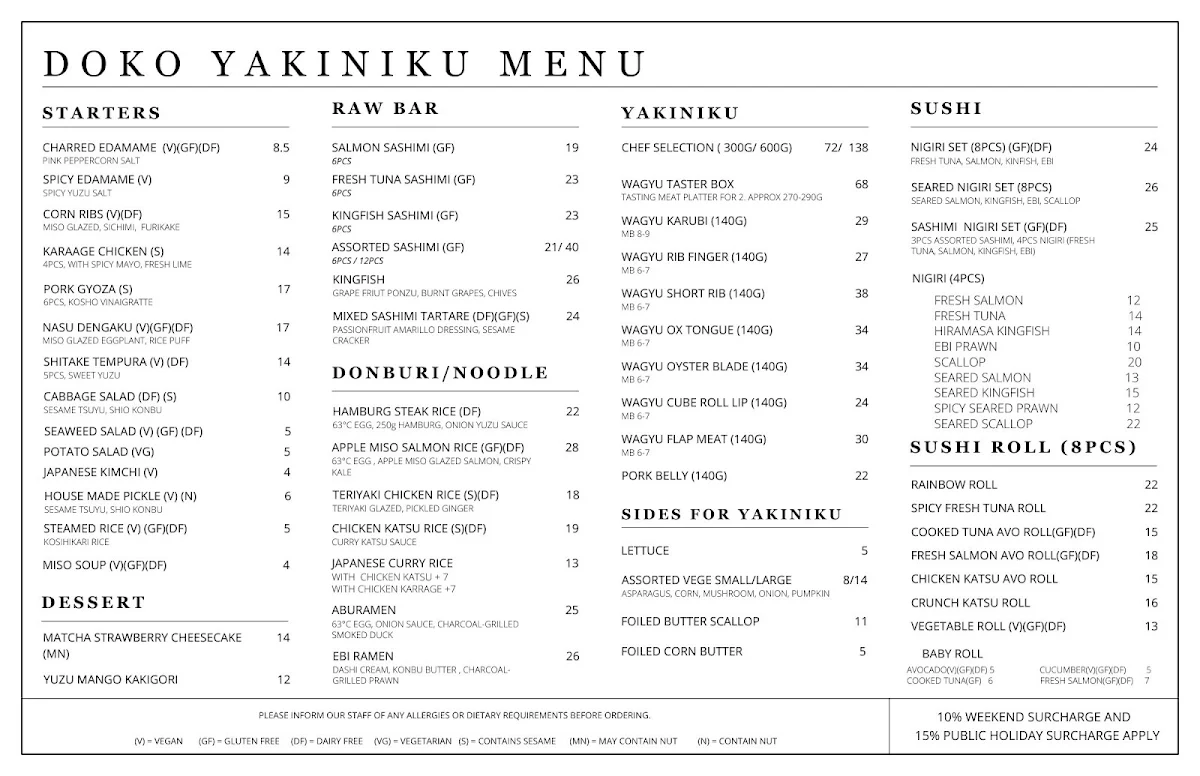 Menu, Doko Yakiniku