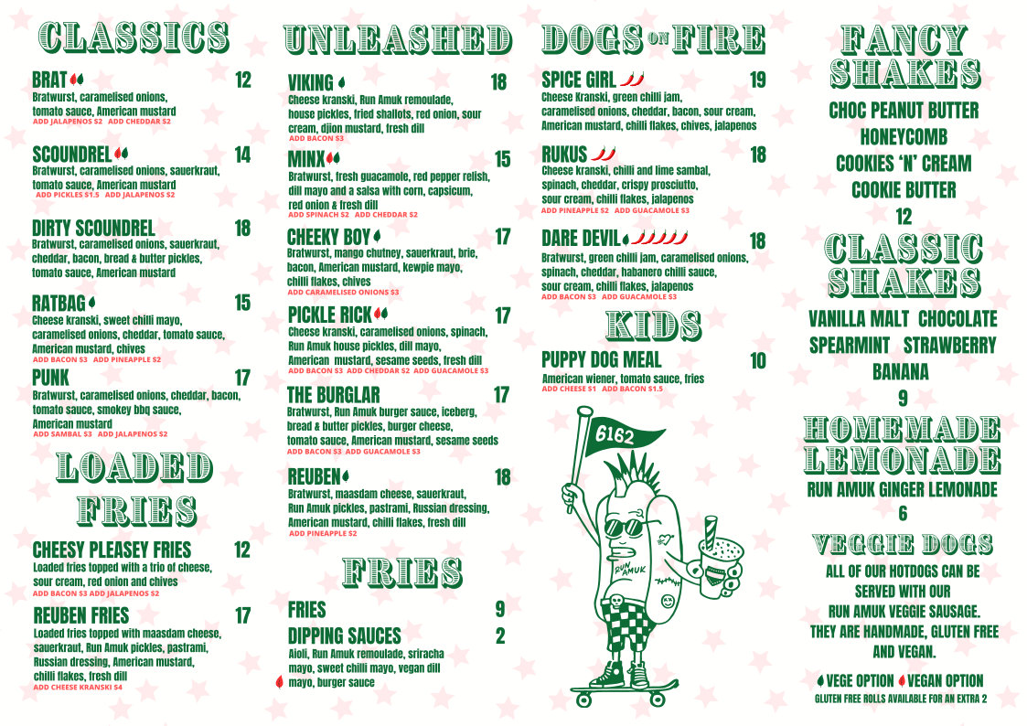 Menu, Run Amuk Hotdogs