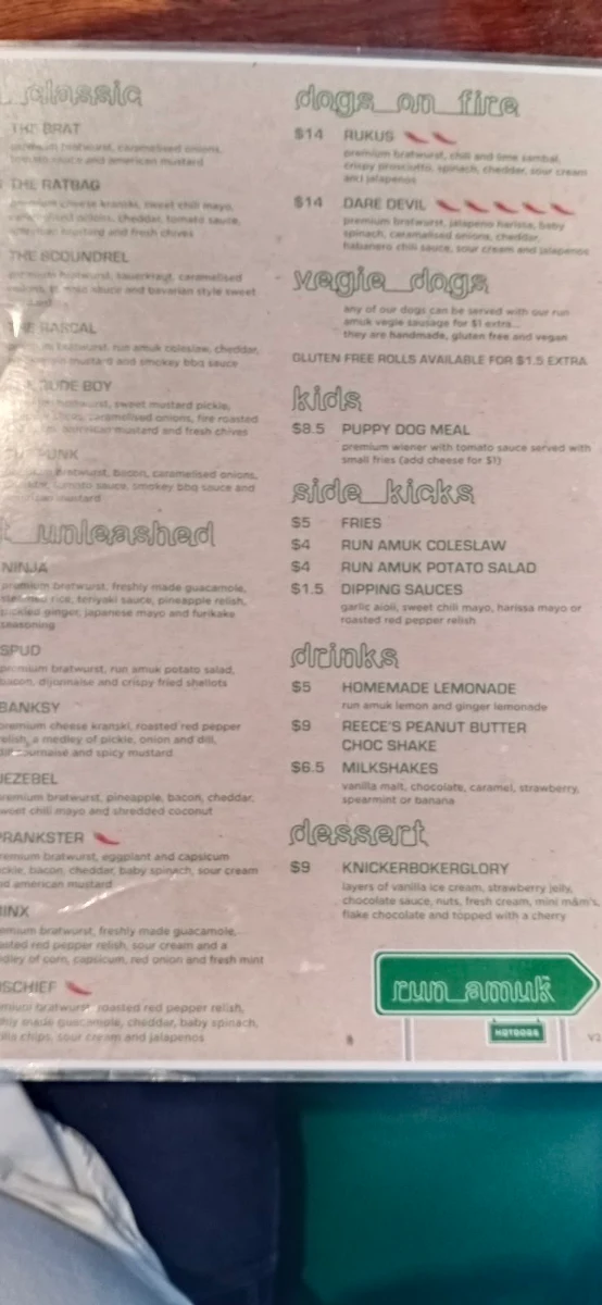 Menu, Run Amuk Hotdogs